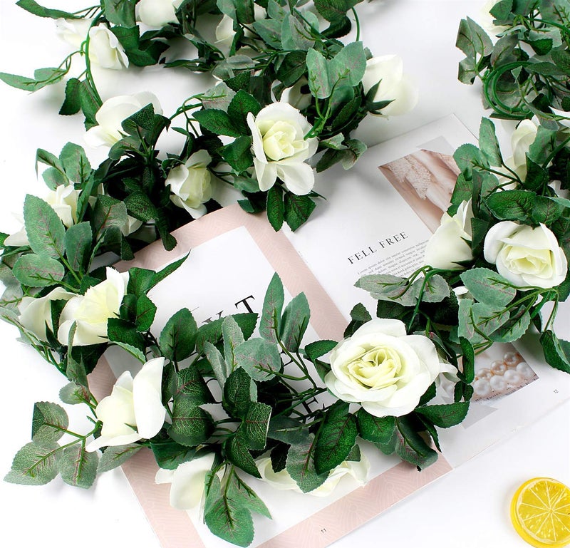 ZWYOQI 16 FT Fake Rose Vine Garland Artificial Flowers Plants Hanging Rose Ivy Home Hotel Office Wedding Party Garden DÃ©cor (White/2PCS) - Image 3
